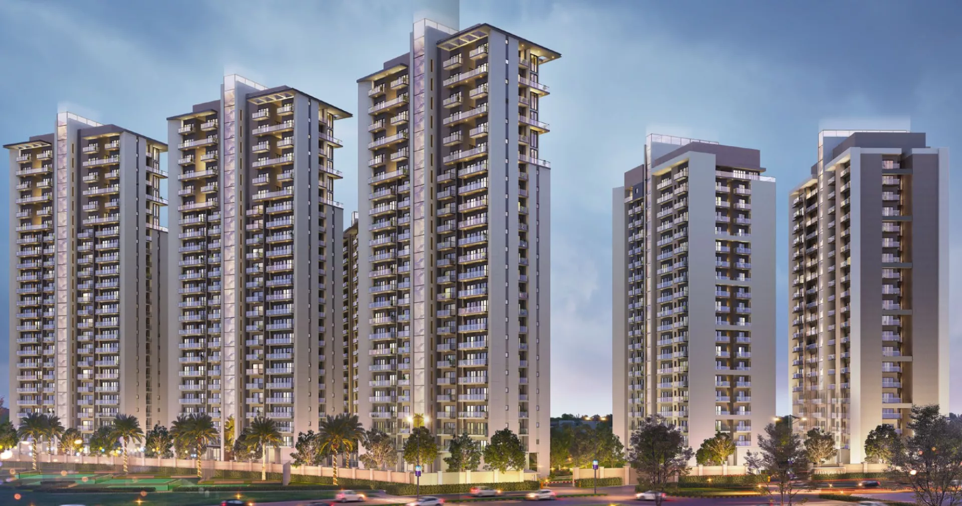 Shalimar Belvedere Court 3 luxury apartments at dusk, Shalimar One World, Gomti Nagar Extension, Lucknow
